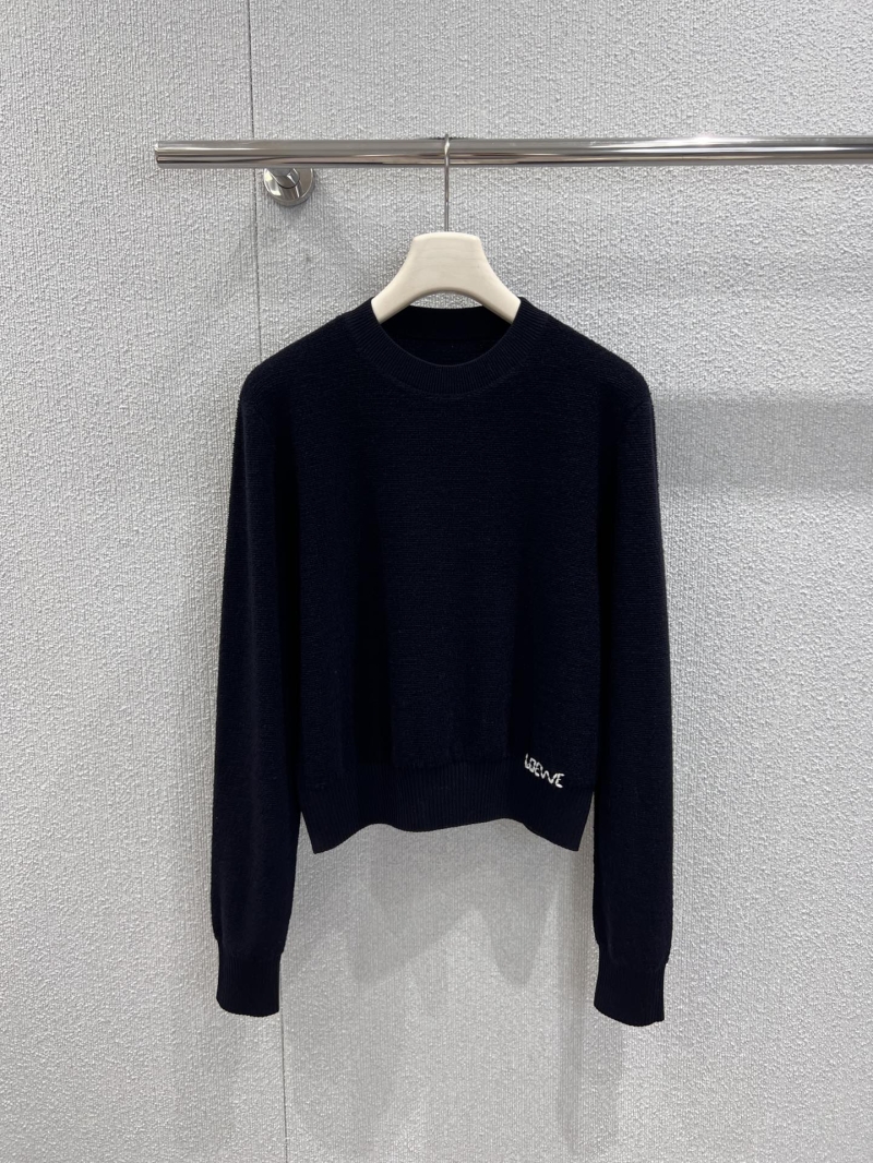 Loewe 25FW Early Autumn Letter Embroidered Wool Crewneck Sweater | Dark Navy Blue | Relaxed Fit | Cropped Hem