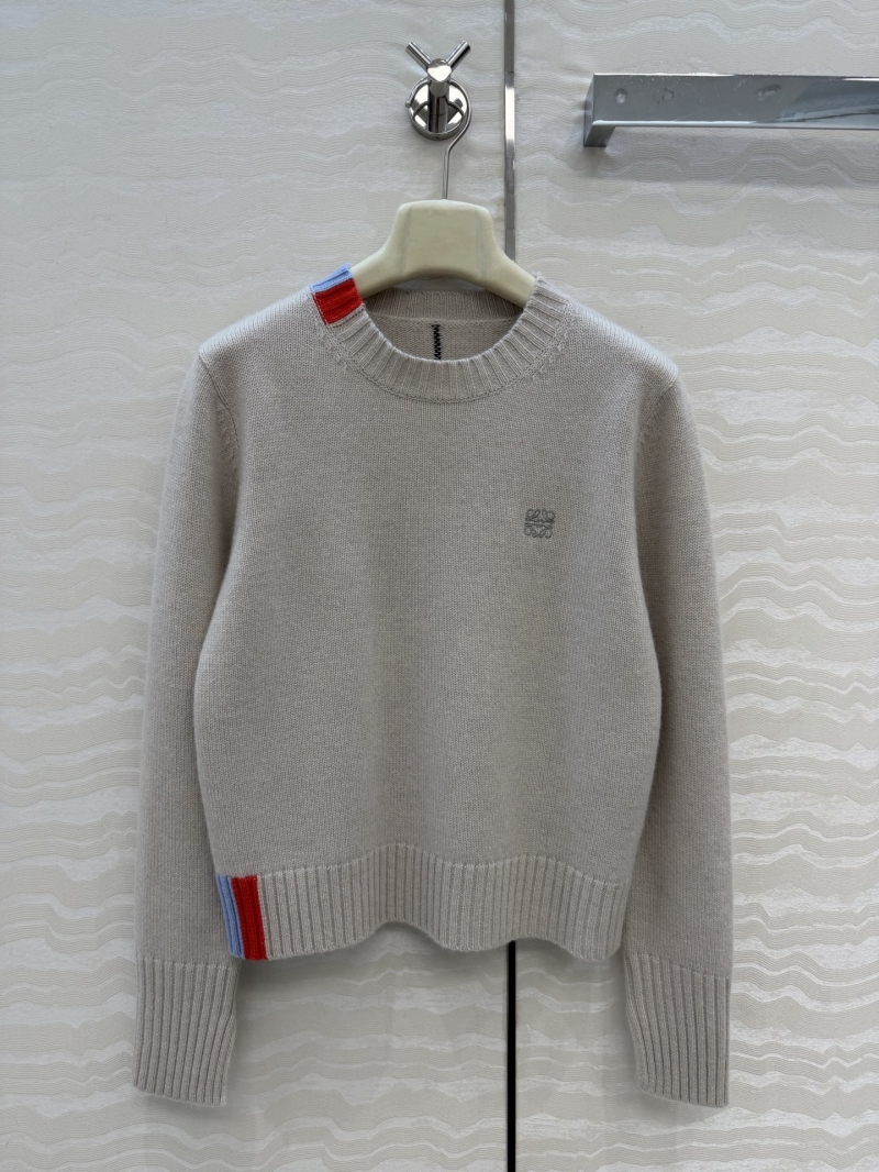 Loewe Imported Cashmere Cable Knit Sweater - Round Neck with Color-Blocked Accents, Oatmeal Beige