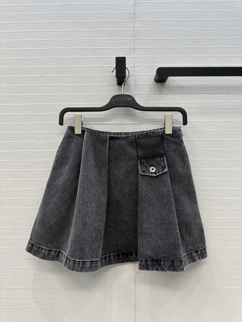 LOEWE Signature Double-Pleated Twill Pure Cotton Denim Mini Skirt in Washed Charcoal