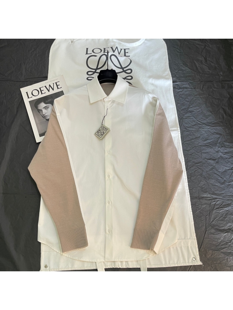 Loewe Signature Hybrid Shirt with Spliced Knit Sleeves | Elevated Cream & Taupe Colorblock Top
