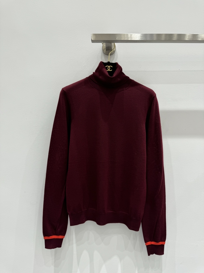Loewe Burgundy Fine-Knit Wool Turtleneck Sweater with Signature Contrast Stripe