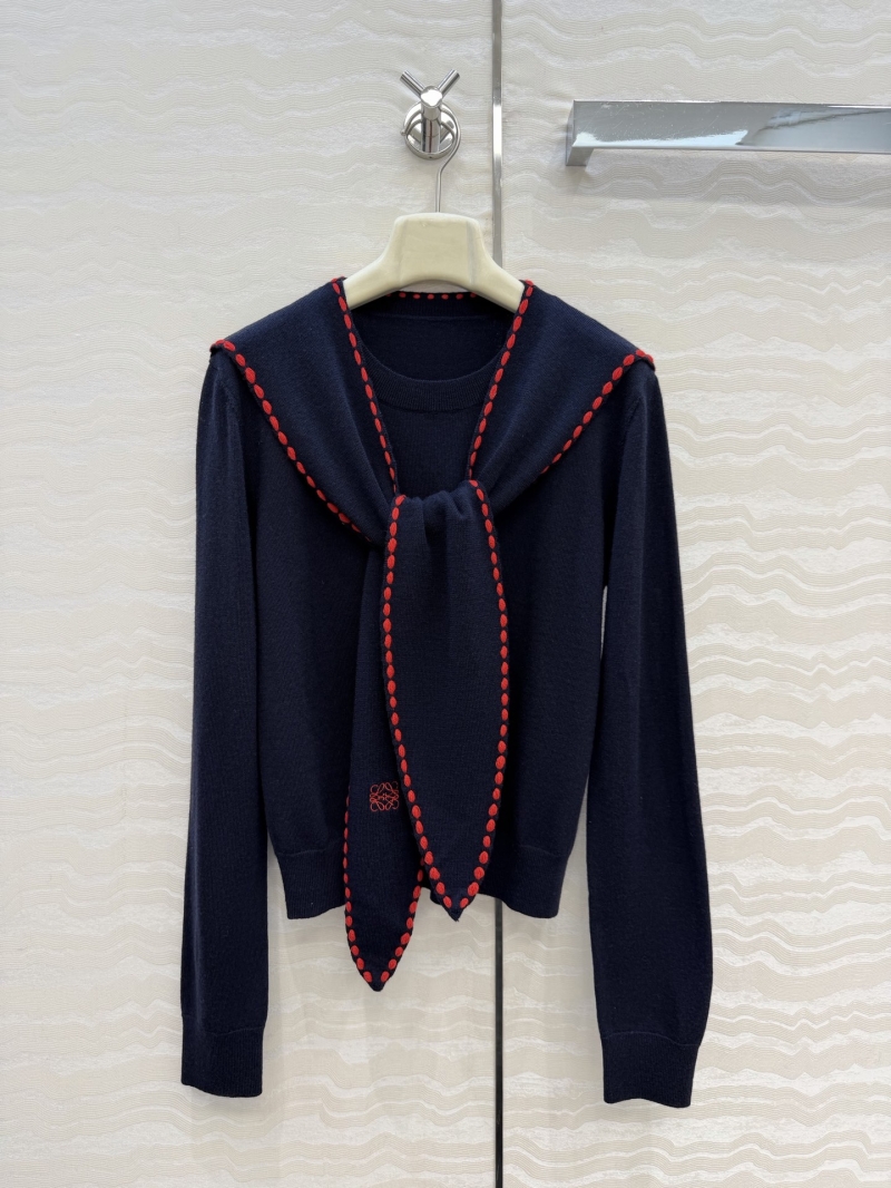 Loewe 100% Imported Wool Rabbit Ear Scarf Crewneck Sweater in Navy Blue