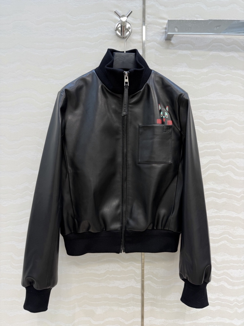 Loewe Signature 100% Lambskin Vintage Peeking Cat Leather Bomber Jacket in Black