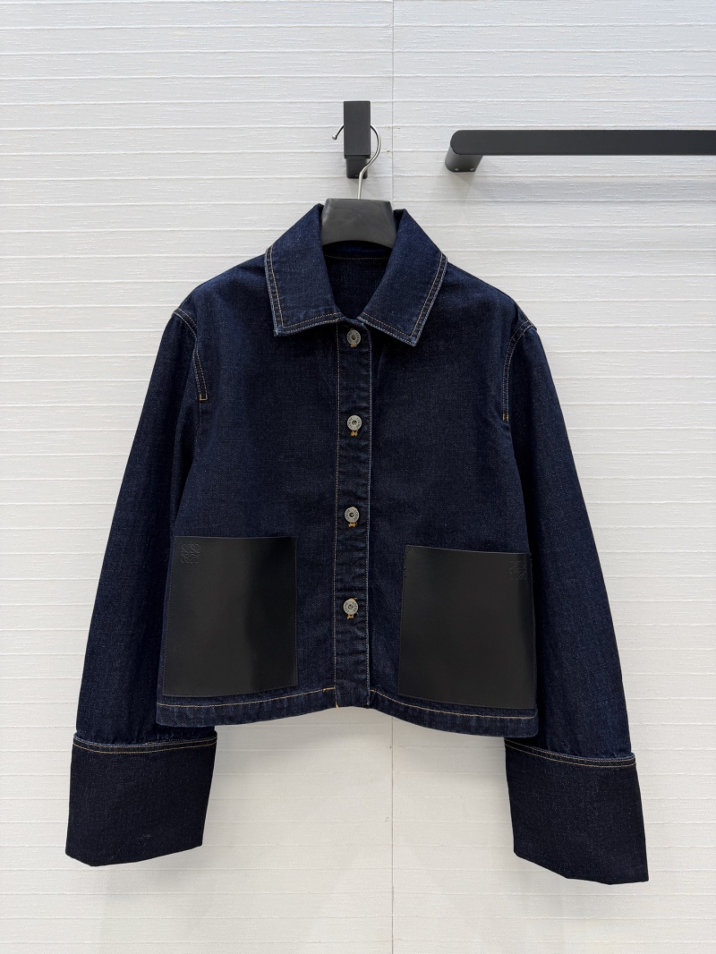 Loewe Structured Imported Washed Denim Cropped Jacket with Signature Patch Pockets in Dark Indigo