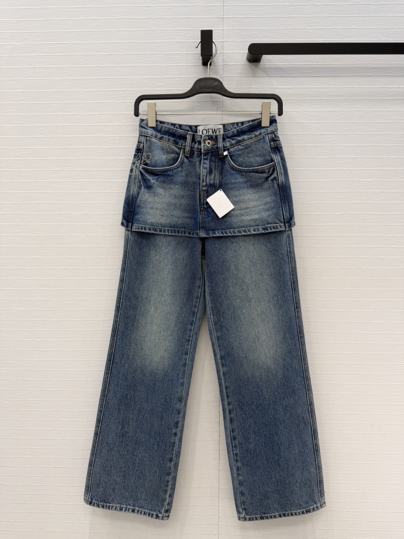 Loewe Imported Washed Denim Hybrid Skirt-Jeans Straight-Leg Trousers in Vintage Blue