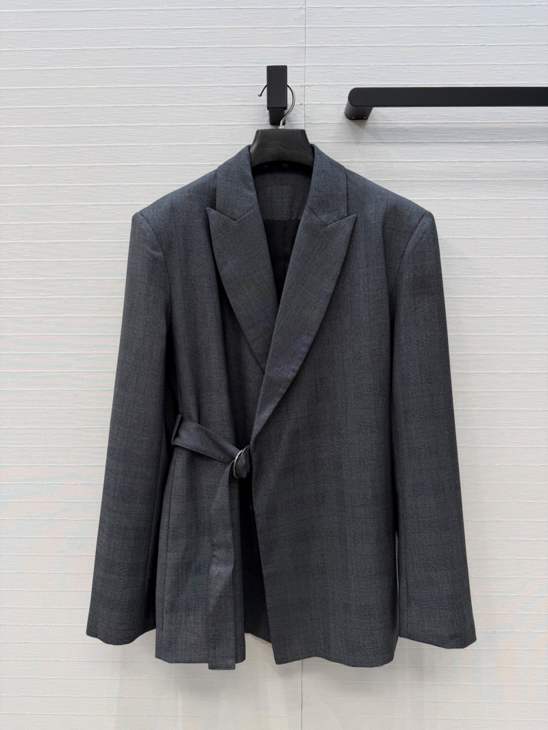 Loewe Worsted Wool Asymmetric Plaid Blazer with Side Buckle Detail