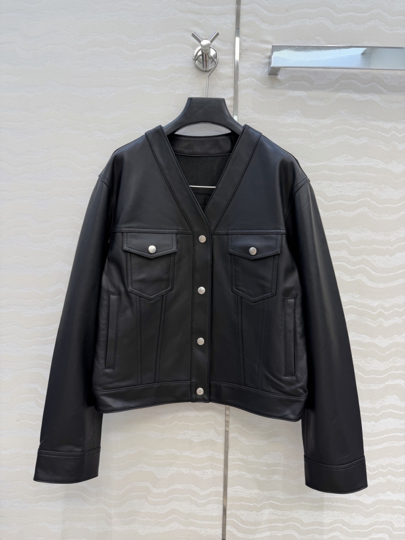 Loewe Signature Minimalist 100% Lambskin Leather V-Neck Jacket in Classic Black