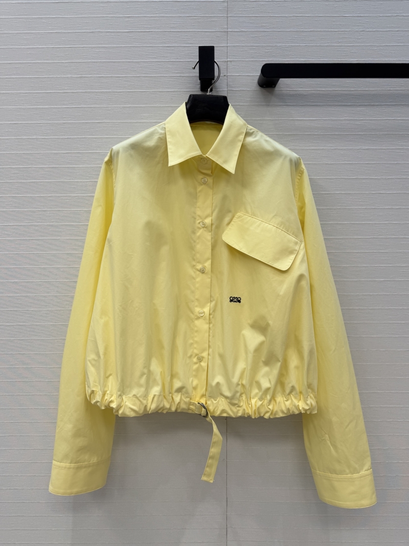 Loewe Premium Poplin Cropped Shirt Jacket with Gathered Hem in Pale Yellow