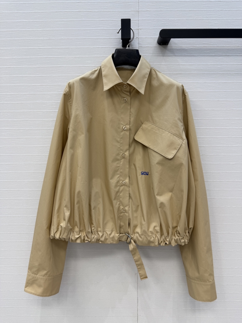 Loewe Signature Embroidered Cotton Poplin Ruched Hem Shacket in Khaki