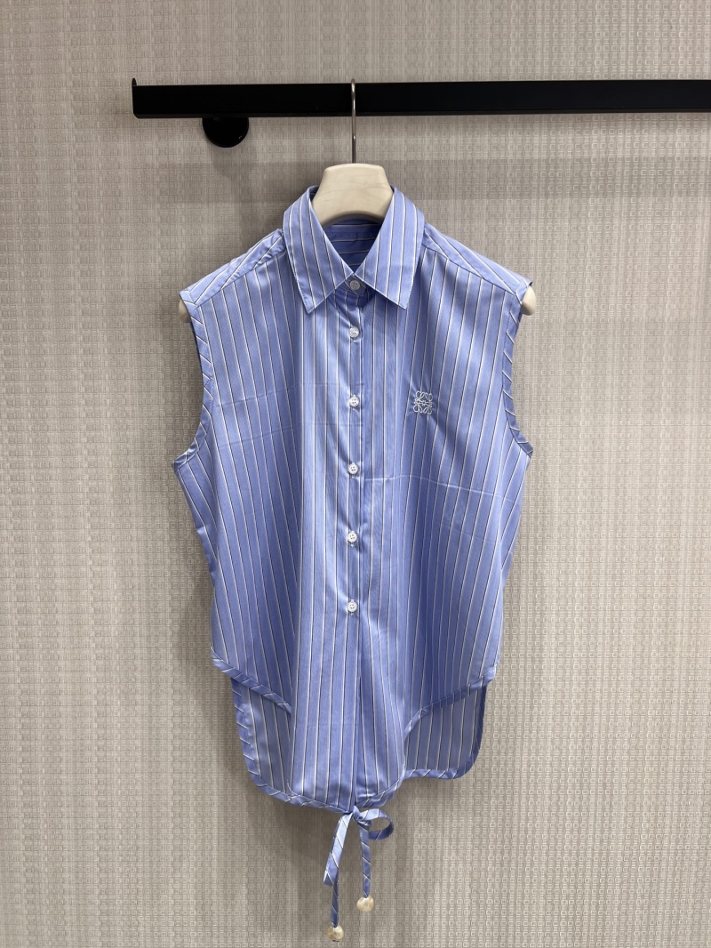 Loewe Striped Sleeveless Tie-Front Blouse - Light Blue and White Signature Embroidered Cotton Poplin Top