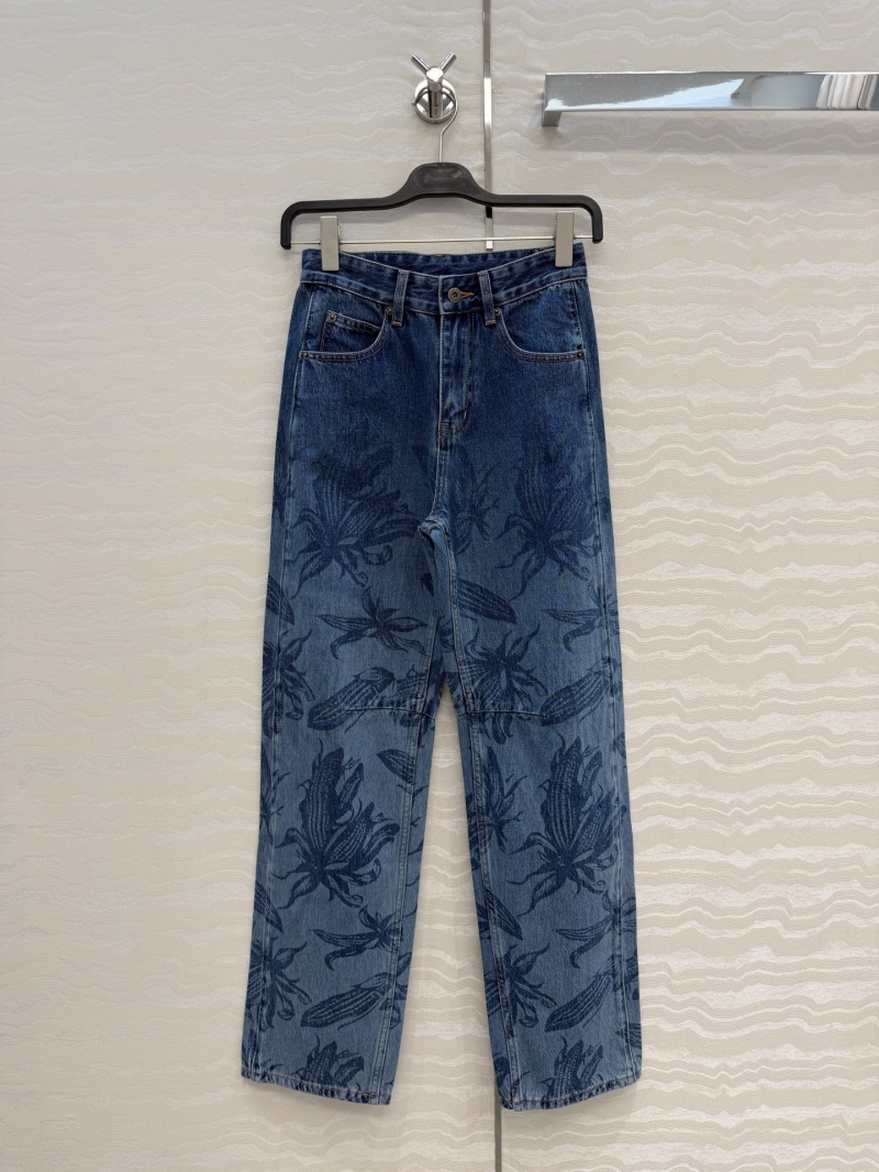 Loewe Vintage Laser-Print Corn Flower Botanical Denim Sickle Wide-Leg Jeans in Washed Blue