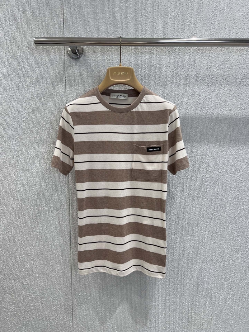 Miu Miu 25SS Exclusive Khaki Striped Short-Sleeve T-Shirt