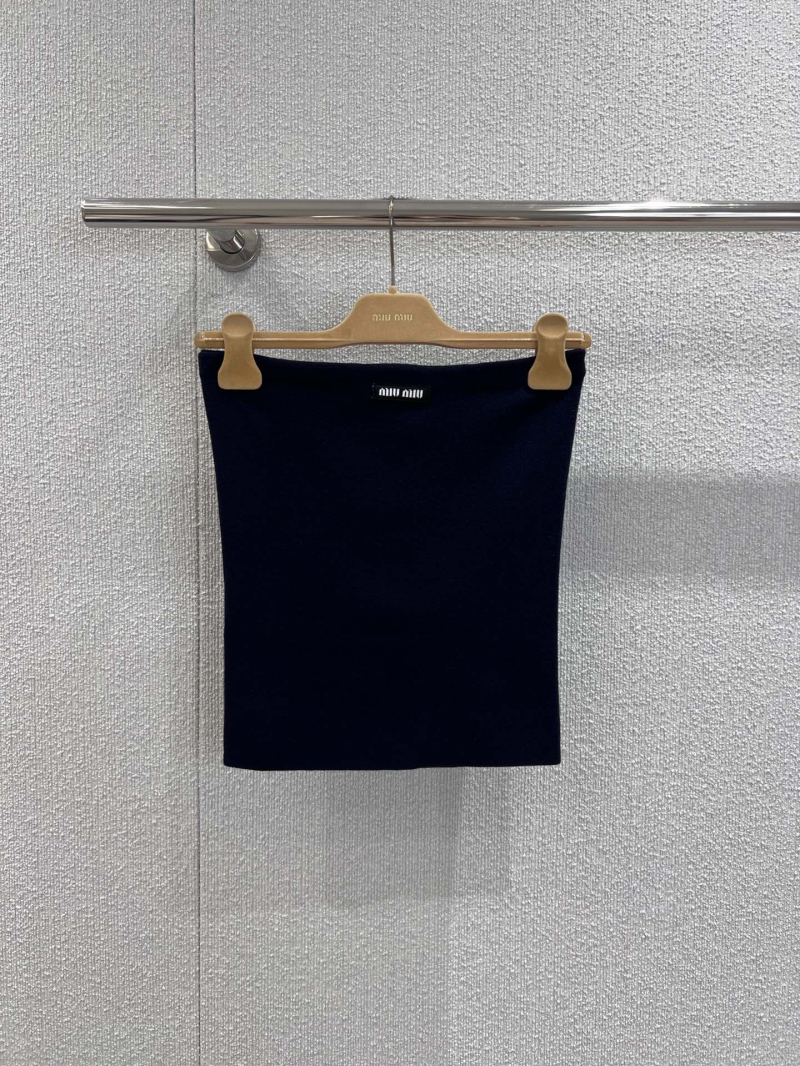 Miu Miu Exclusive Early Fall Knit Bandeau Top in Navy Blue - Slim Fit with Subtle Logo Embellishment