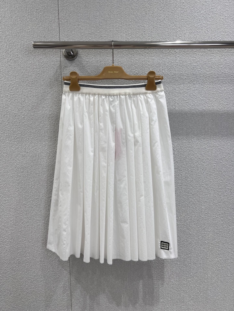 Miu Miu Pleated Mid-Length Skirt in White - Luxe Lightweight Fabric with Embroidered Logo