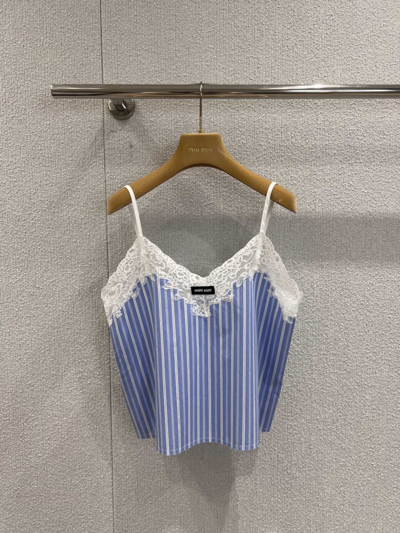 Miu Miu Blue & White Striped Lace-Trimmed V-Neck Sleeveless Top