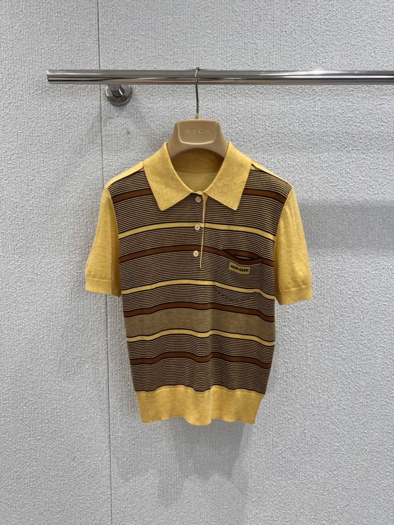Miu Miu Autumn/Winter Yellow & Brown Striped Short-Sleeve Polo Shirt - Luxe Knitwear with Vintage Appeal