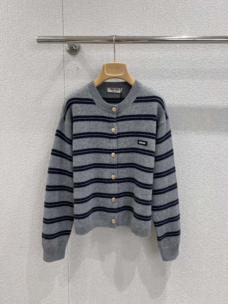 Miu Miu Luxe Cashmere Wool Striped Crew Neck Cardigan in Light Gray & Navy