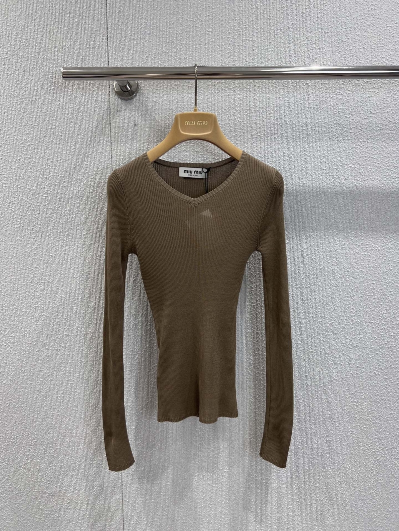 Miu Miu V-Neck 100% Baby Wool Knit Top in Dark Brown