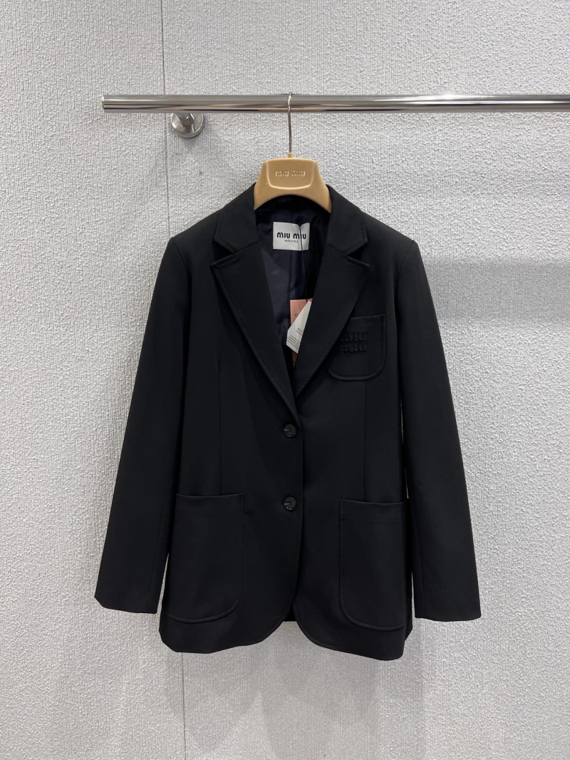 Miu Miu Wool-Blend Logo Embroidered Blazer in Black