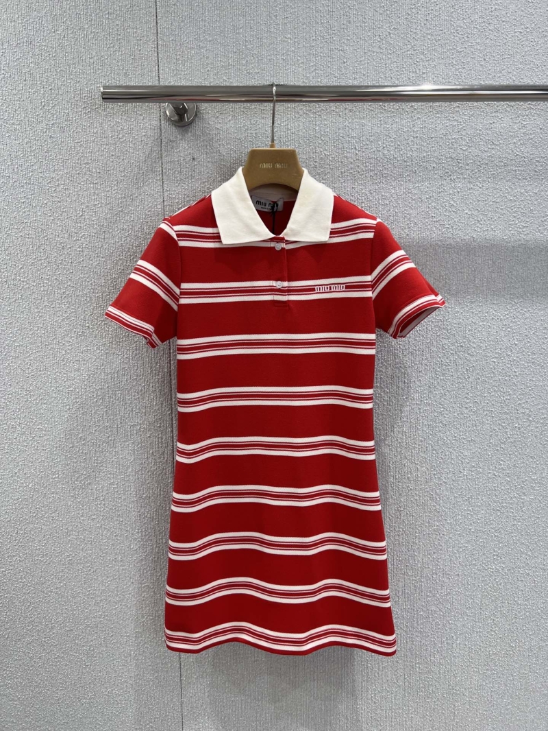Miu Miu Red and White Striped Polo Collar Dress - Luxe Knit Fabric with Embroidered Logo
