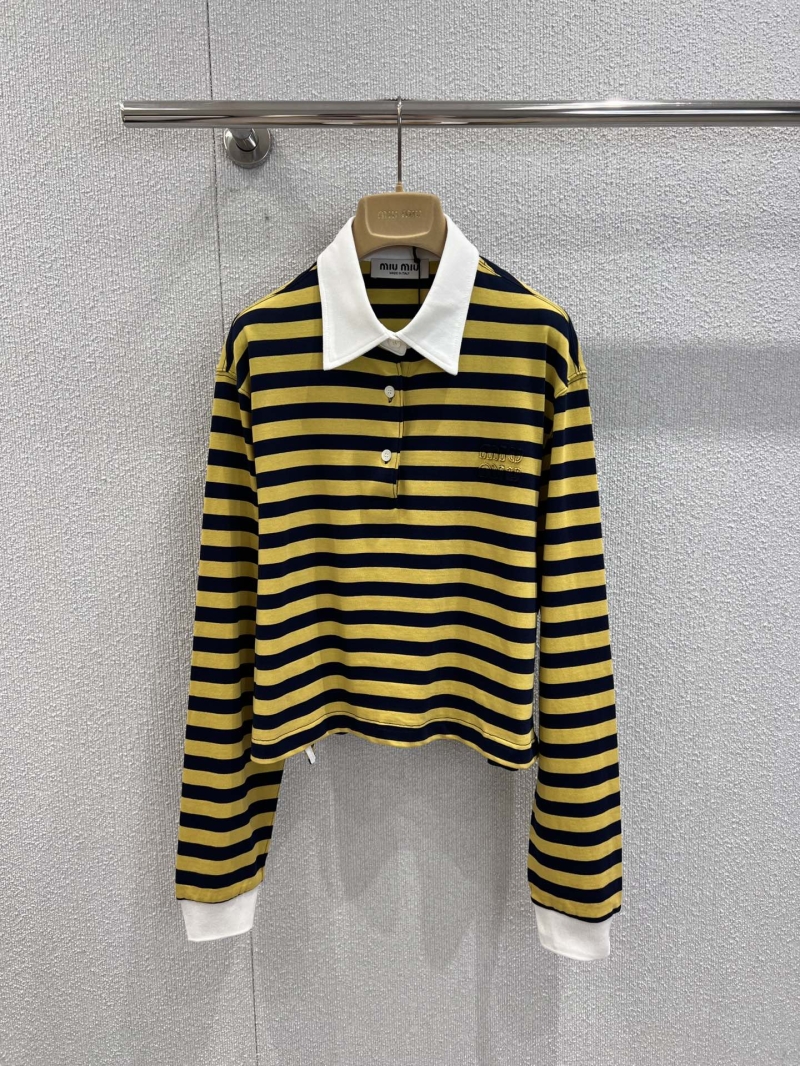 Miu Miu Long-Sleeved Polo Shirt in Navy Blue and Yellow Stripes with Contrast Collar
