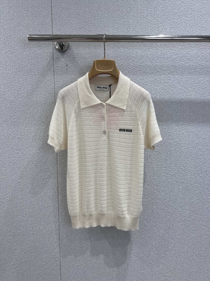 Miu Miu Luxe Polo Collar Short-Sleeve Top in Cream - Exquisite Cashmere & Silk Blend with Lace Detailing