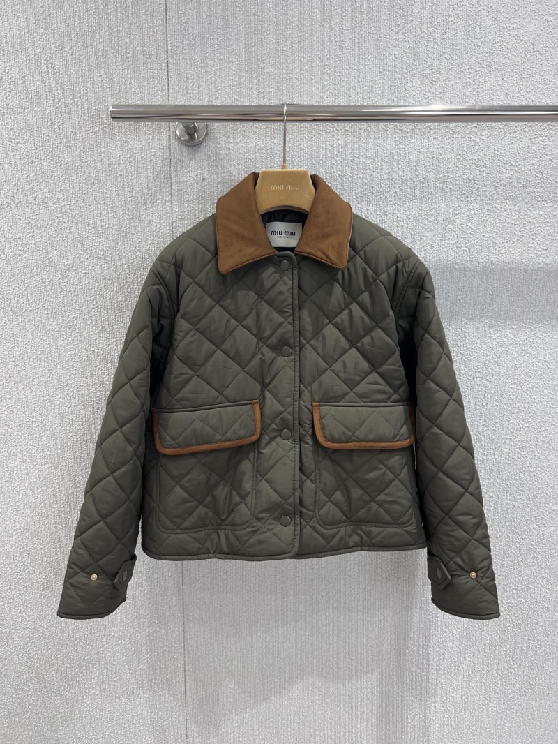 Miu Miu Quilted Military Green Diamond-Pattern Jacket with Napa Leather Collar