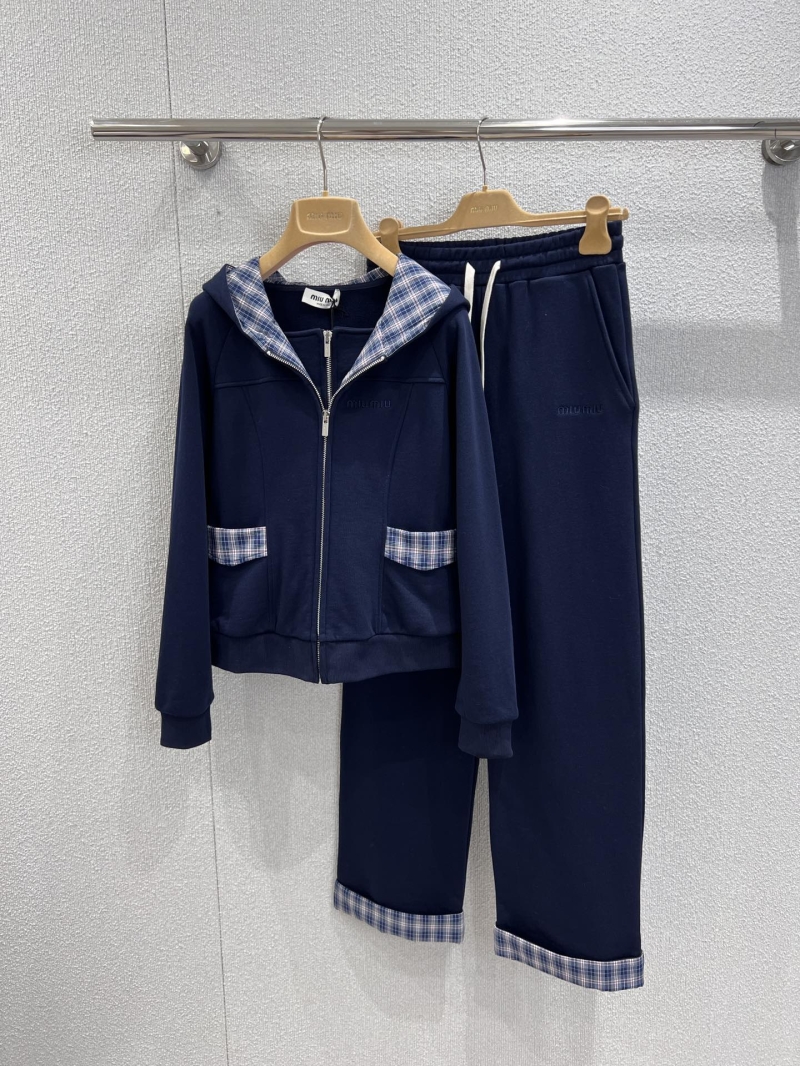 Miu Miu Navy Blue Plaid-Trimmed Zip-Up Hoodie & Casual Pants Set - Exclusive Early Fall Collection
