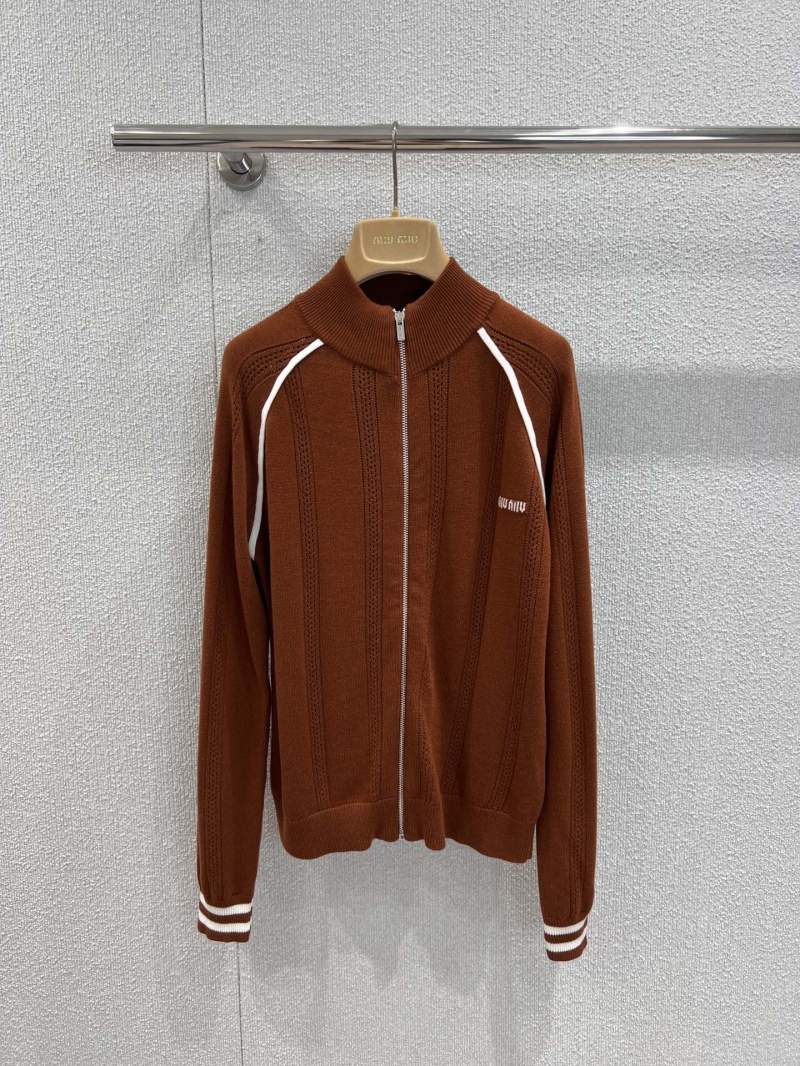 Miu Miu Long Sleeve Zip-Up Knitted Jacket in Rich Brown - Luxe Wool Blend with Signature Logo