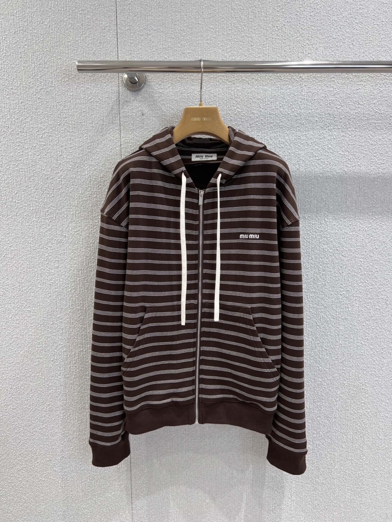 Miu Miu Exclusive Brown & White Striped Cotton Zip-Up Hoodie