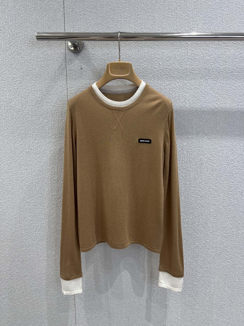 Miu Miu Luxe Letter-Embroidered Wool Long-Sleeve Layered Sweater in Camel