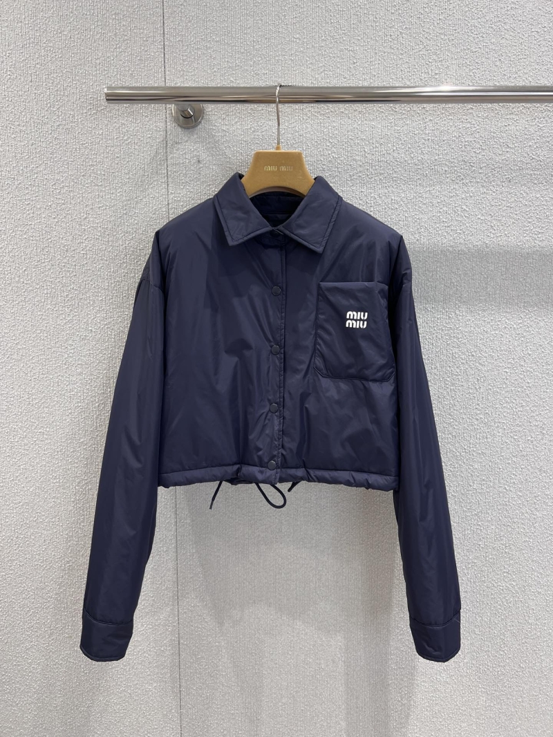 Miu Miu Navy Blue Cropped Puffer Jacket with 3D Embroidered Logo and Drawstring Hem