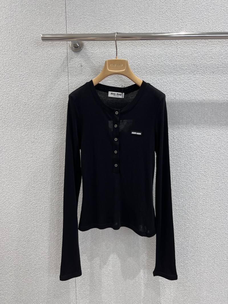 Miu Miu Long-Sleeved Tencel Wool Blend T-Shirt in Black