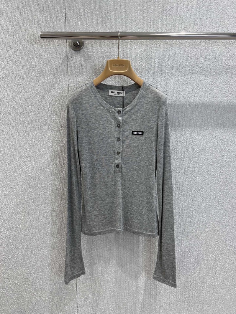 Miu Miu Long-Sleeve Tencel Wool Blend T-Shirt in Grey - Exclusive High Edition