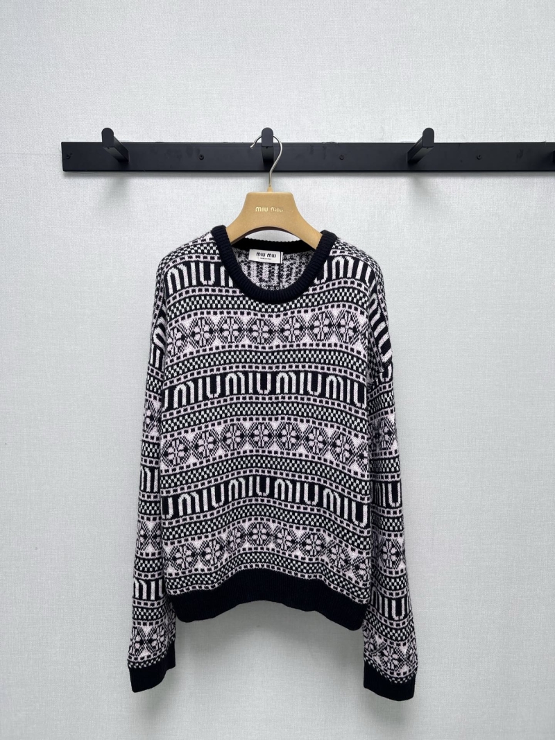 Miu Miu Black & Ivory Fair Isle Knit Sweater | Luxe Oversized Pullover with Intricate Geometric Patterns
