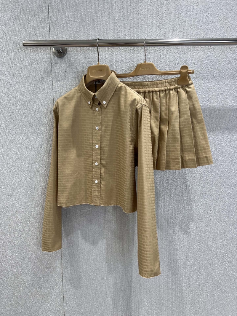 Miu Miu Luxe Logo Jacquette Blouse and Pleated Skirt Set in Warm Beige