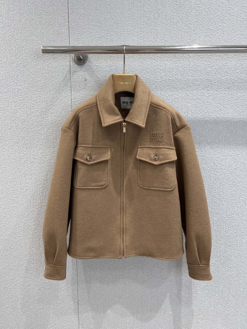Miu Miu Classic Camel Zip-Front Short Jacket with Applique and Lapel Collar