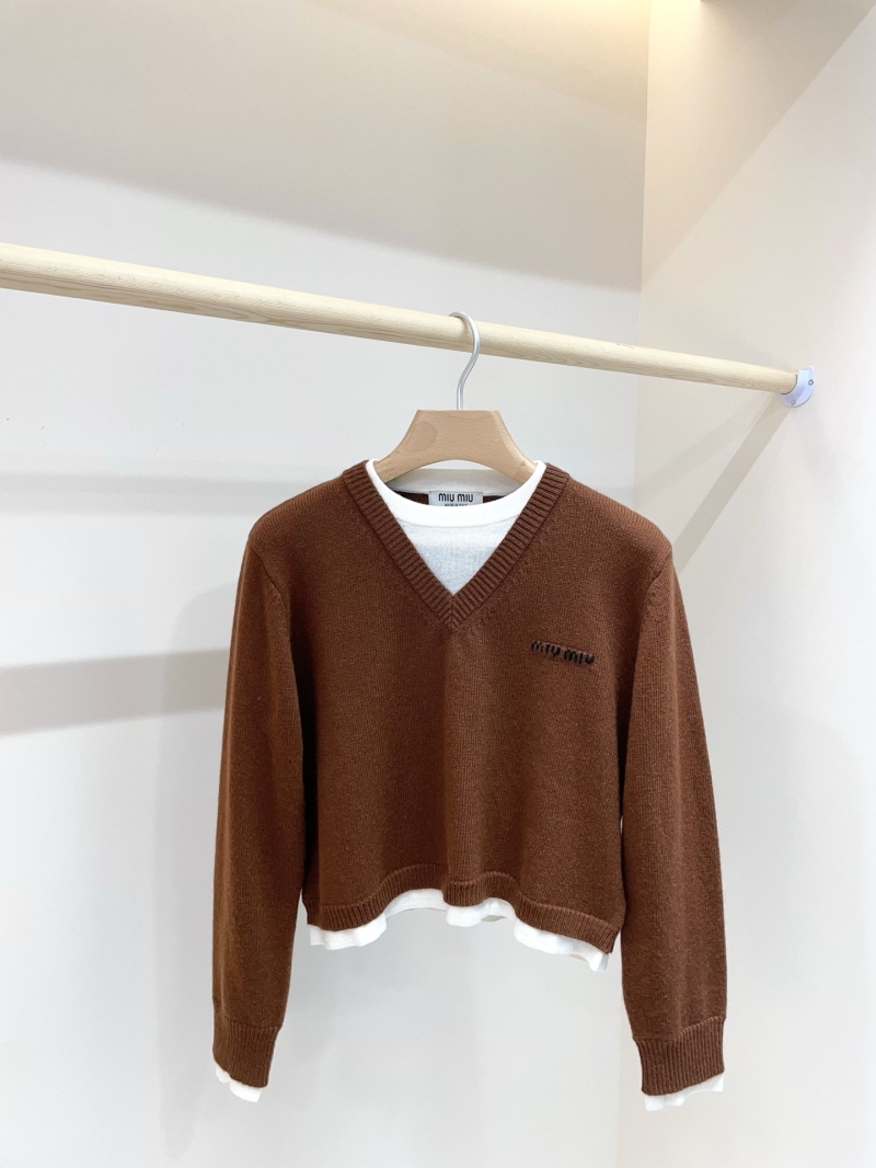 Miu Miu Cropped Knit Sweater in Rich Chestnut Brown, Featuring a Layered Collar and Soft Wool Blend