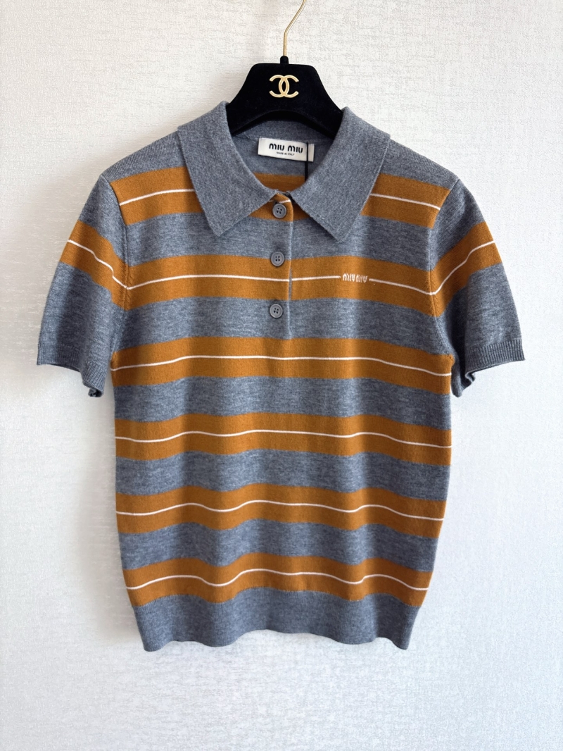 Miu Miu Wool Striped Polo Shirt in Gray and Orange