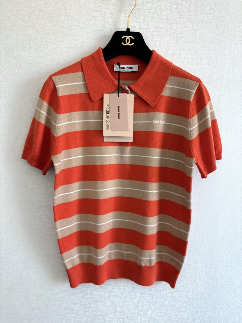 Miu Miu Wool Striped Polo Shirt in Taupe Yellow - Preppy Luxury Knitwear