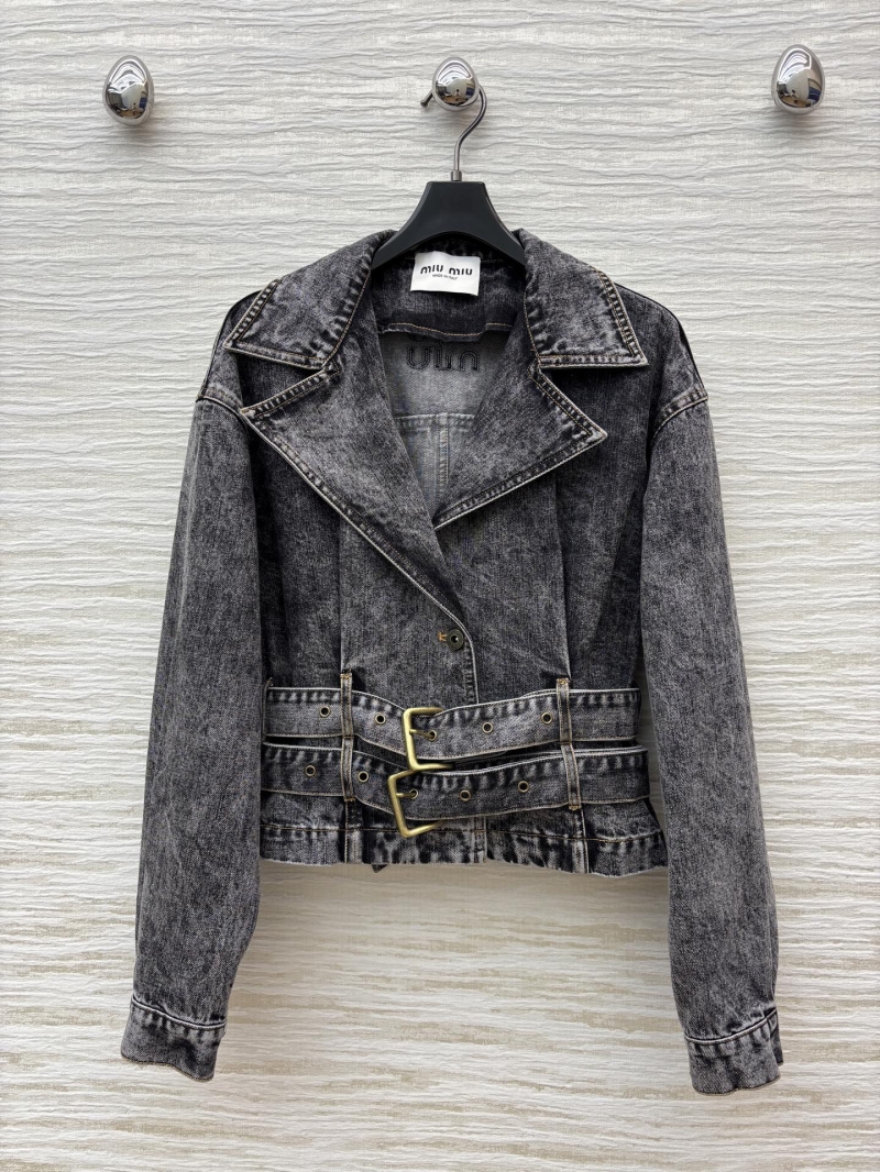 Miu Miu Fall/Winter 2025 Belted Lapel Washed Denim Jacket in Charcoal Grey