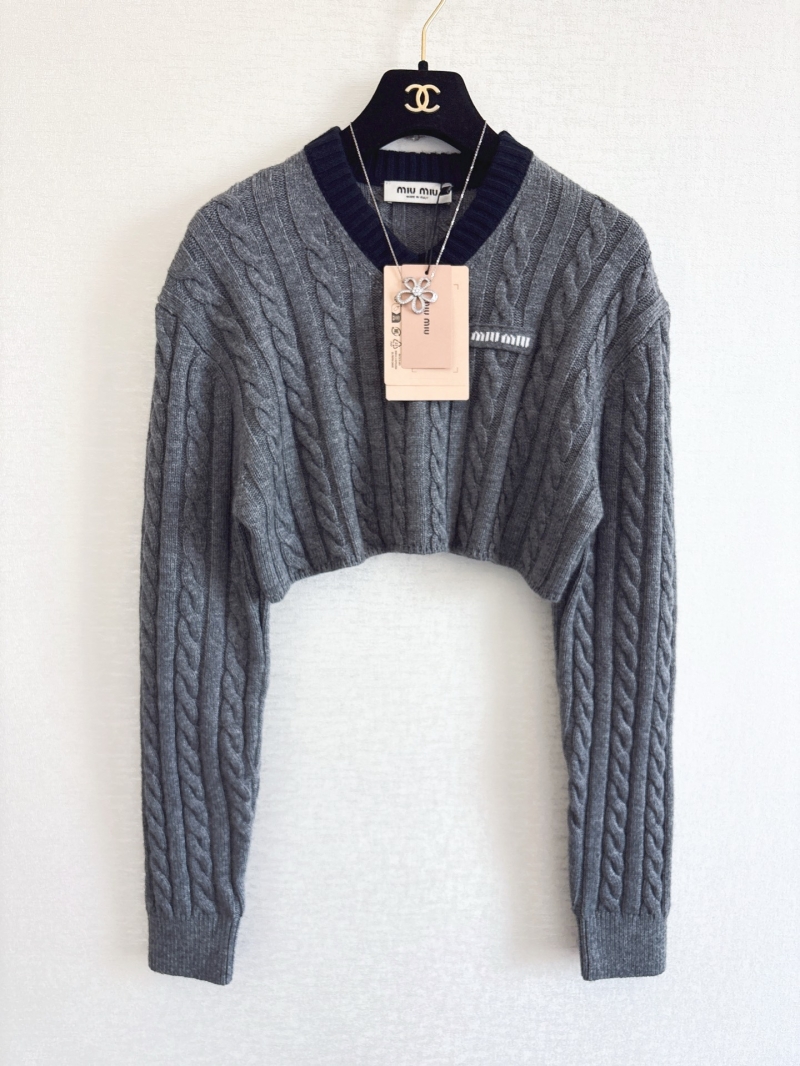 Miu Miu Cable-Knit V-Neck Wool Sweater in Gray - Luxe YB Custom Yarn, Collegiate Style