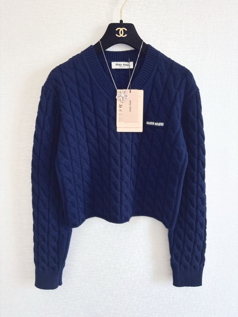 Miu Miu Exclusive Cable-Knit V-Neck Sweater in Deep Navy Blue