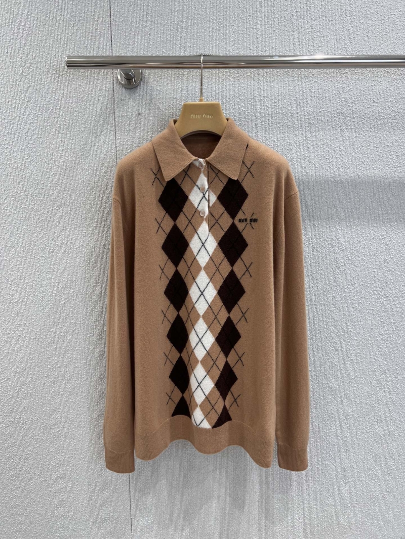 Miu Miu 100% Cashmere Argyle Polo Sweater in Camel | Luxe Knit, Modern Preppy