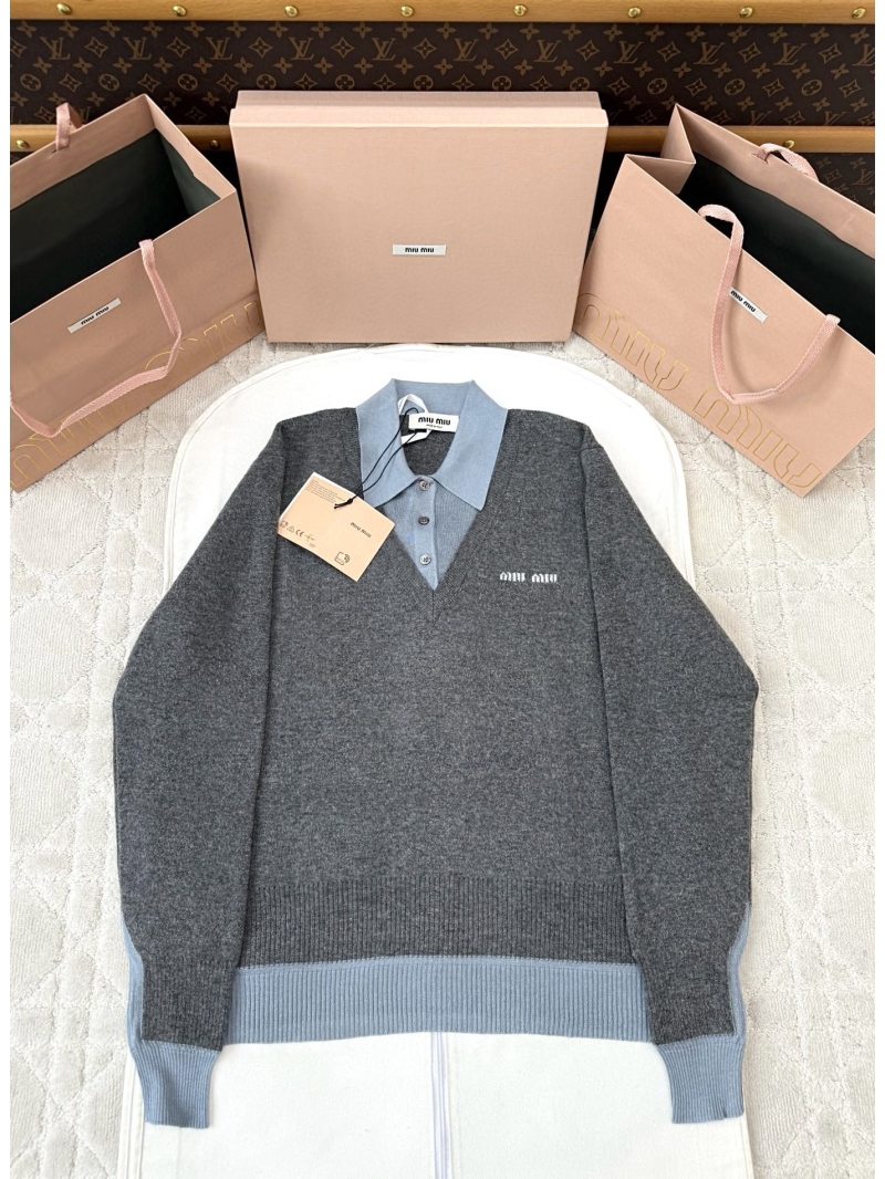 Miu Miu Exclusive Wool Polo Collar Long Sleeve Sweater in Dark Gray and Light Blue