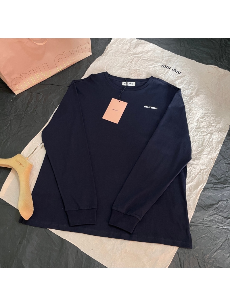 Miu Miu Unisex Long-Sleeve T-Shirt in Dark Navy Blue with Embroidered Logo