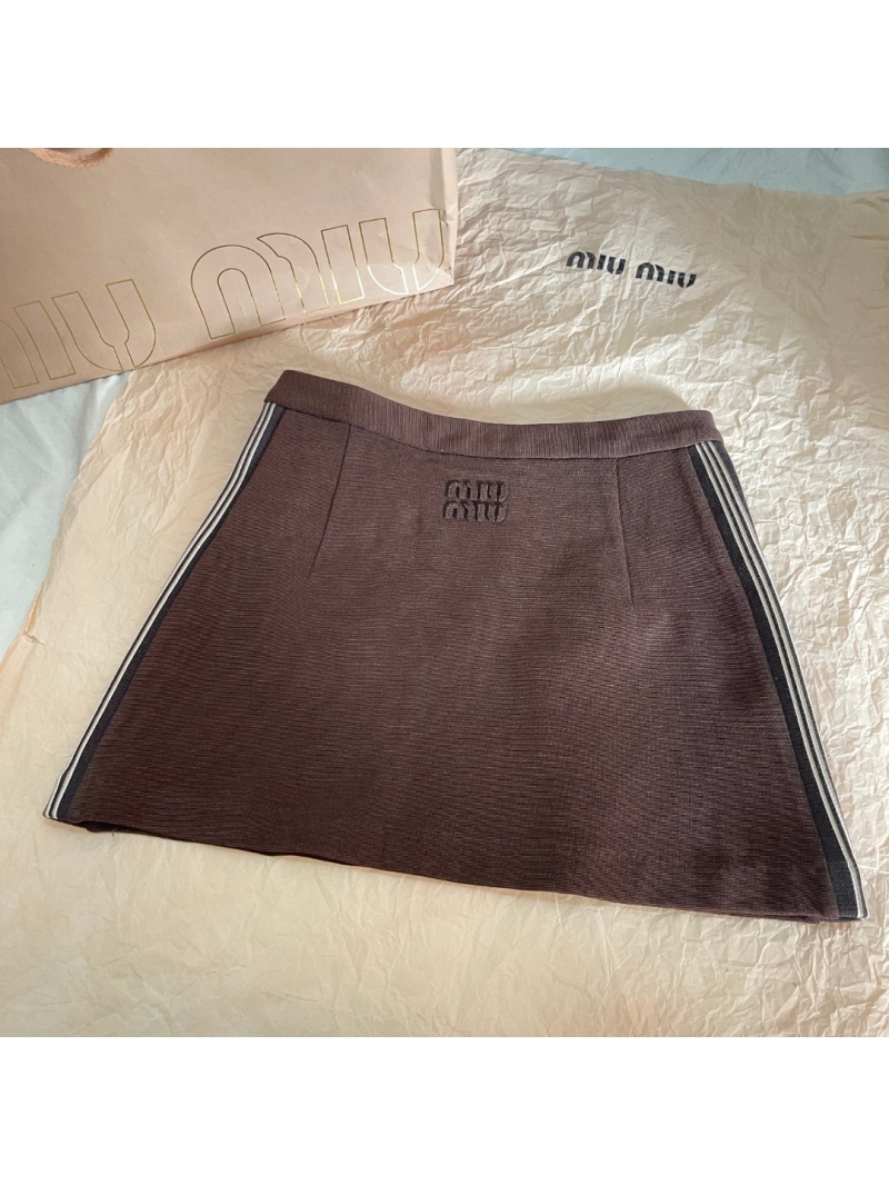 Miu Miu Textured Ribbed Brown Skirt with Embroidered Logo