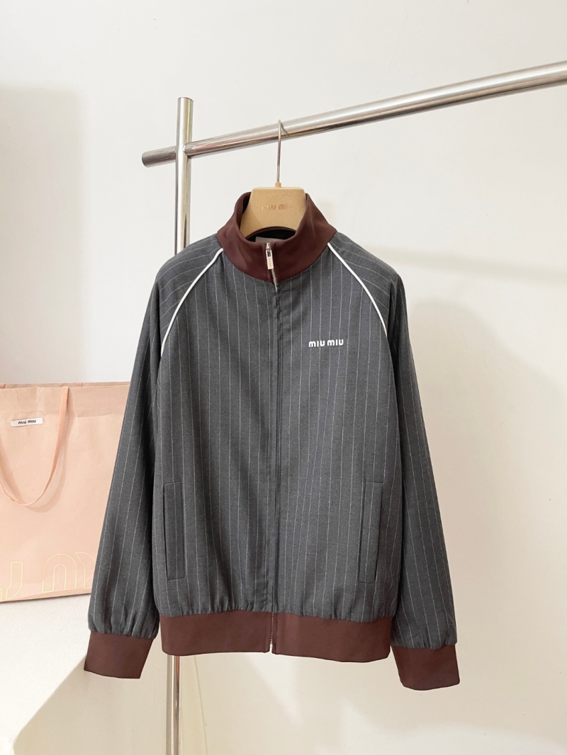 Miu Miu Contrast Collar Wool Blend Pinstripe Jacket in Dark Gray and Brown