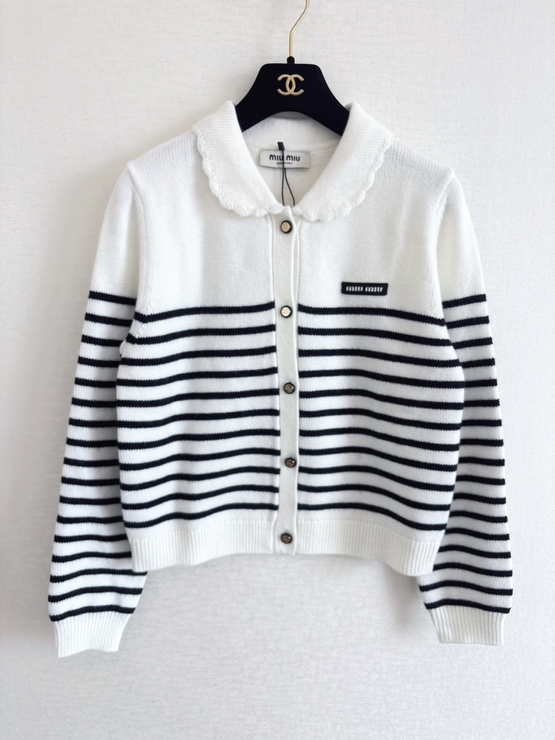 Miu Miu Women's Striped Knit Cardigan - White & Black, Cropped Fit, Peter Pan Collar