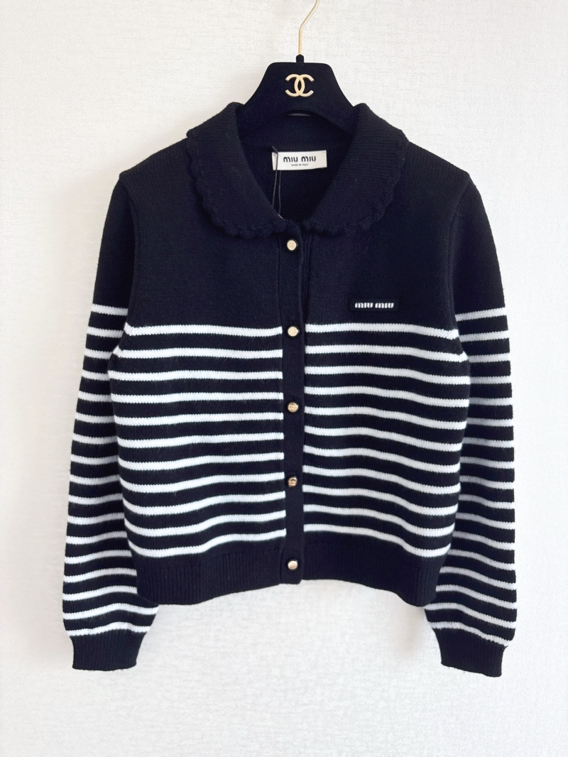 Miu Miu Cropped Knit Cardigan with Peter Pan Collar - Black & White Striped Wool - Made in Italy